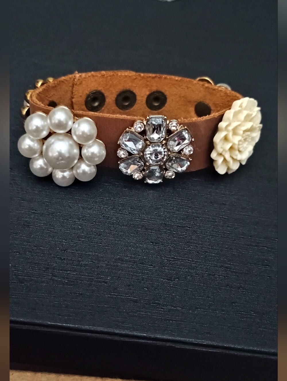 Brown Leather Button-Detail Bracelet with Pearl, Crystal & Cream Flower Accents